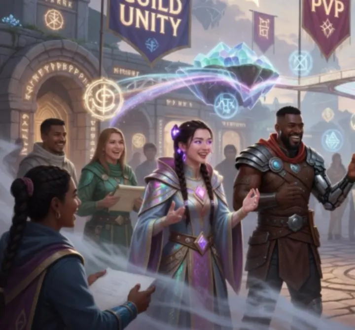 A supportive fantasy gaming community gathered around a glowing neon arena.