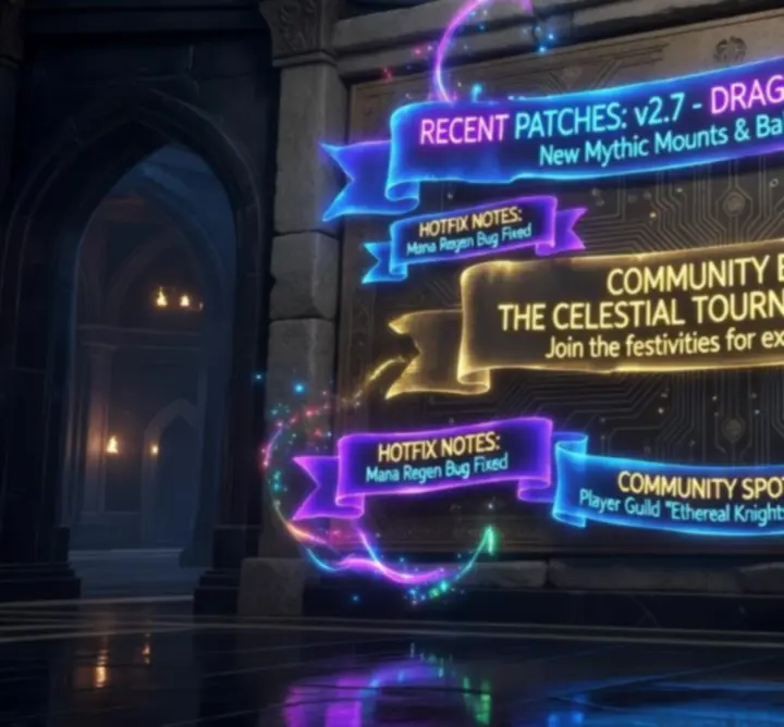 Neon interface with patch notes, seasonal event banners, and update notifications