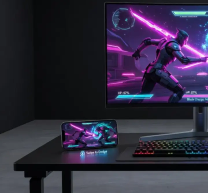 Mobile device displaying a neon fantasy arena, surrounded by performance and system icons