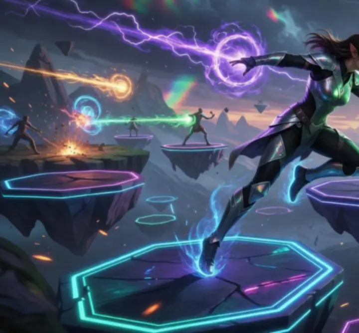 Mage using mobility spells to navigate neon platforms in a fantasy arena.