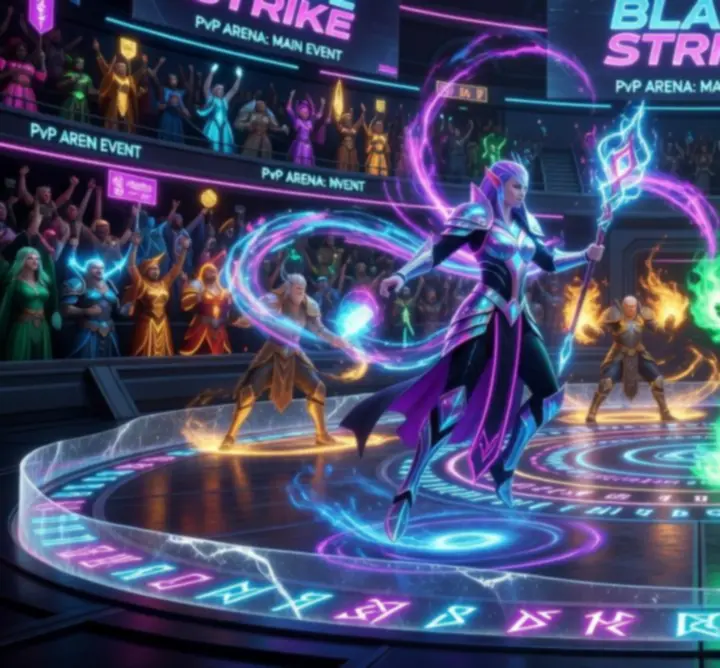Overview of a neon-lit magical PvP arena from ET Group B.V.