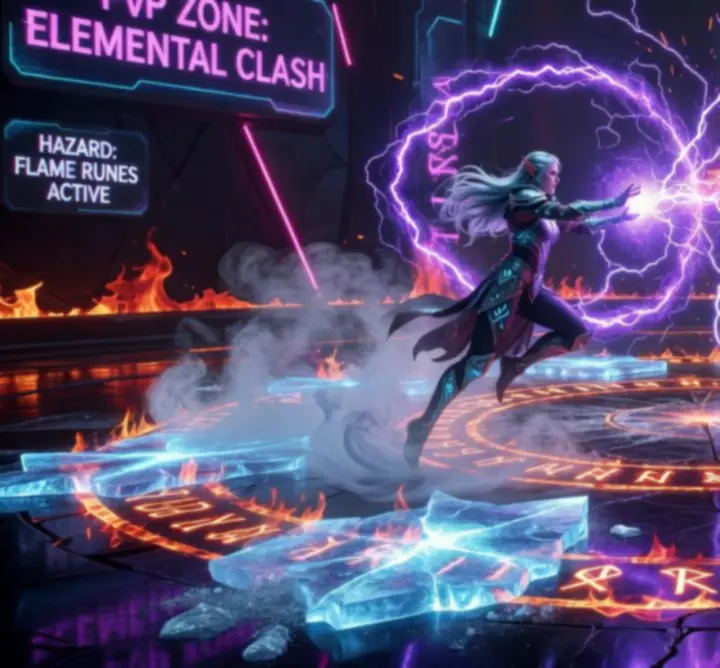 Top-down neon elemental arena layout used for tactical positioning in ET Group B.V..