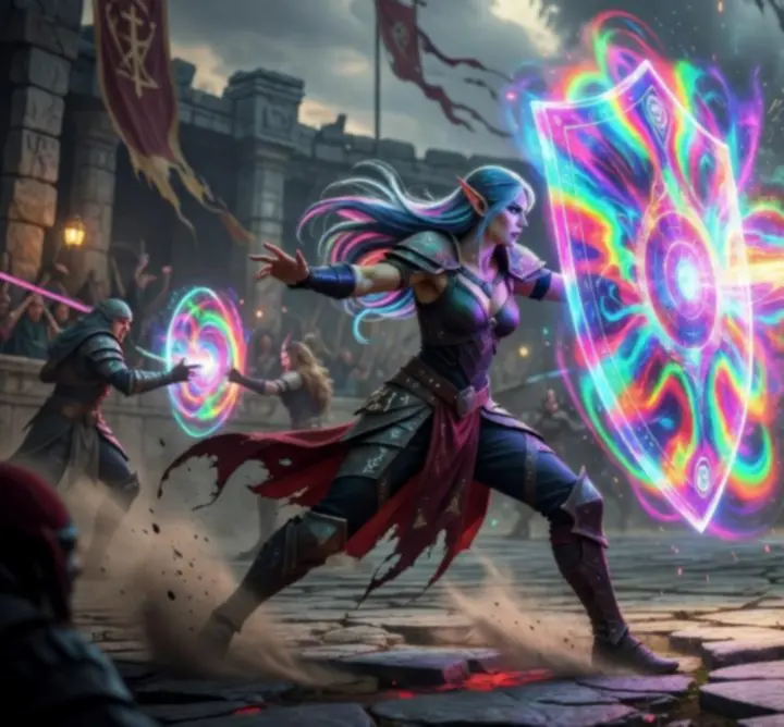 Neon barrier blocking incoming attacks in a fast-paced magical duel.