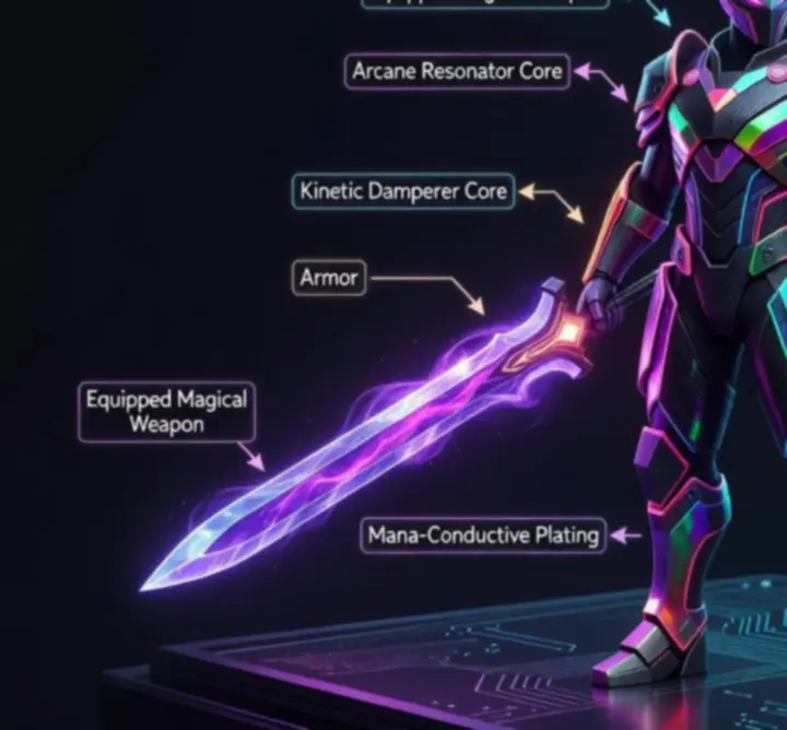 Infographic layout of a ET Group B.V. build showing spell slots, equipment icons, and stat bars.